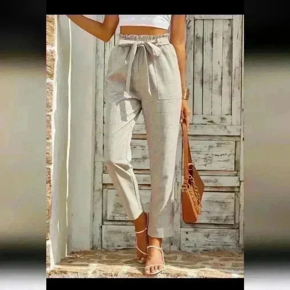 SHEIN LUNE Paperbag Waist Belted Tan/Blue/White Plaid Pants‎ Small/4 - Picture 9 of 10